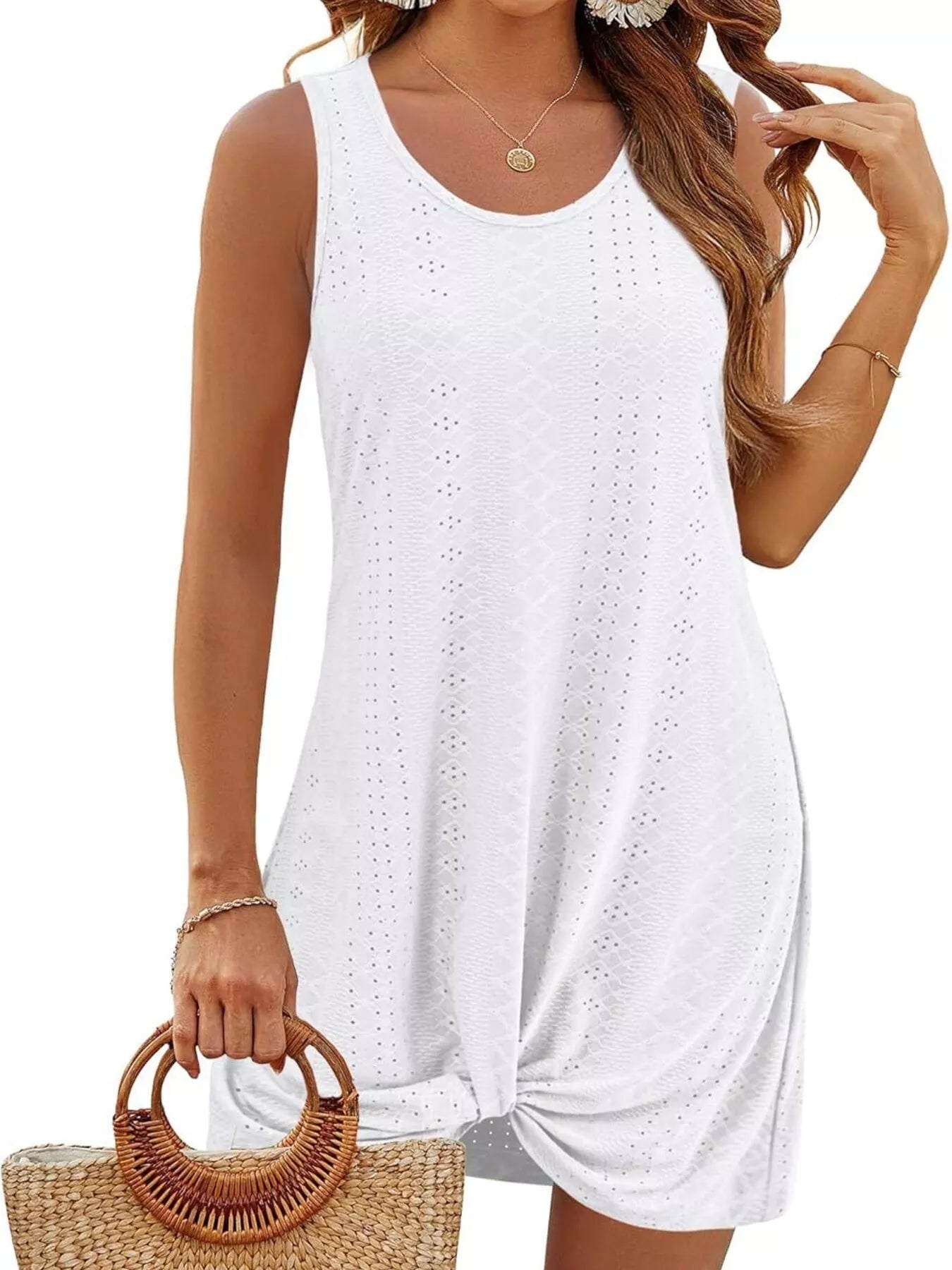 White sleeveless tank dress with textured knit, knotted drape hem and scoop neckline