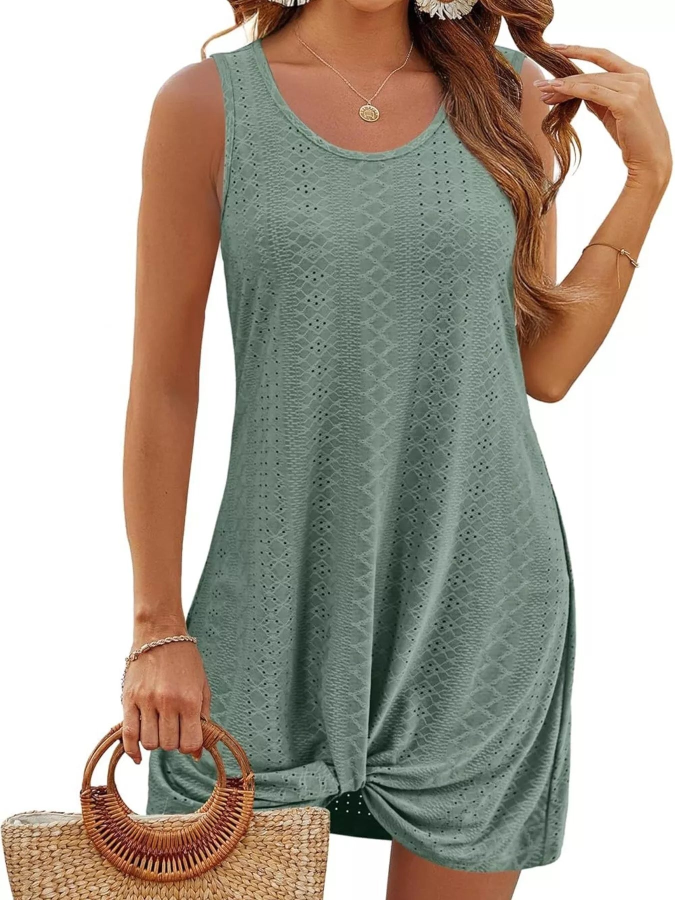 Teal sleeveless tank dress with textured knit, knotted drape hem and scoop neckline