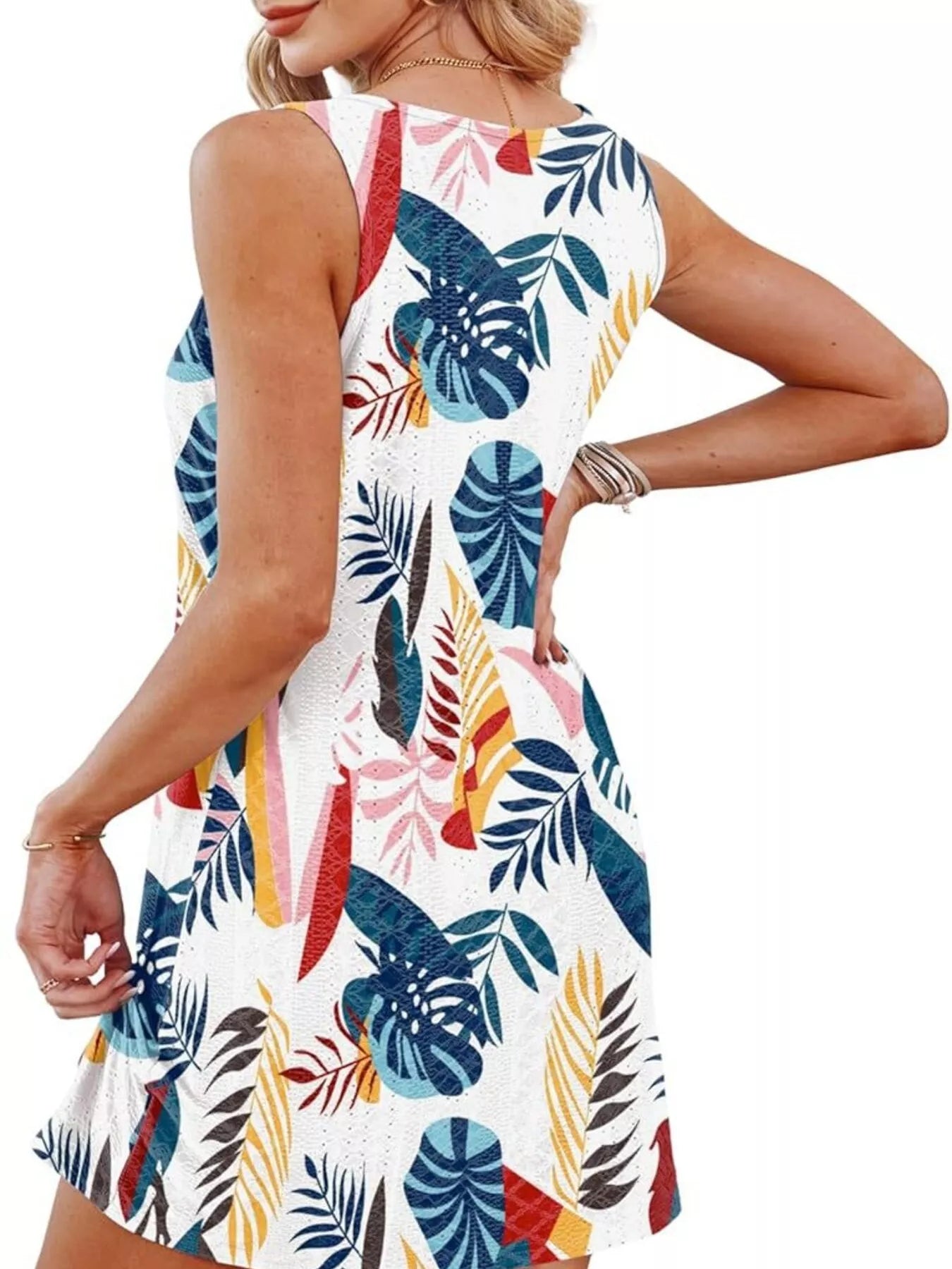 Knotted hem tank dress, sleeveless white with multicolor tropical leaf print