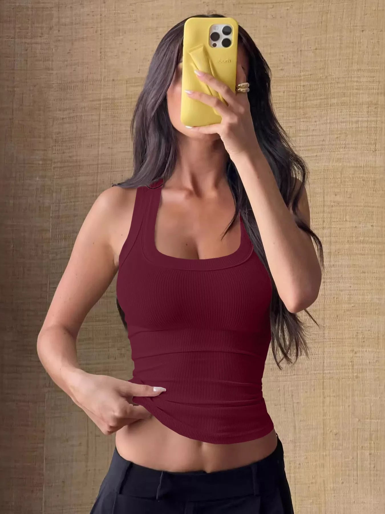 Burgundy ribbed knit slim-fit tank, square neckline front view