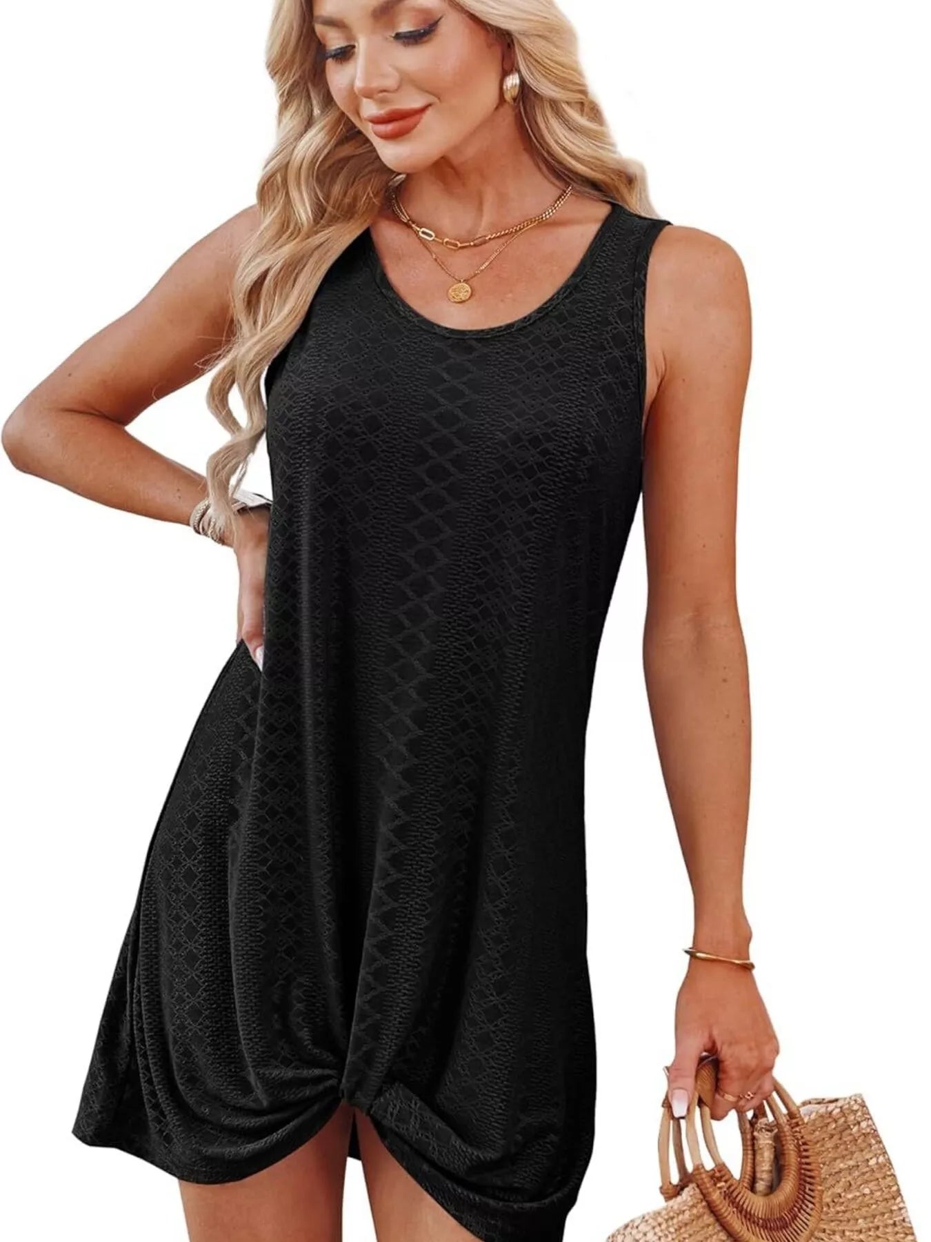 Black sleeveless tank dress with knotted hem and textured diamond pattern