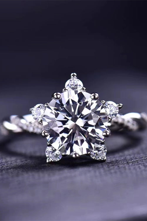 3-carat moissanite twisted ring with large round center stone and side accents, silver