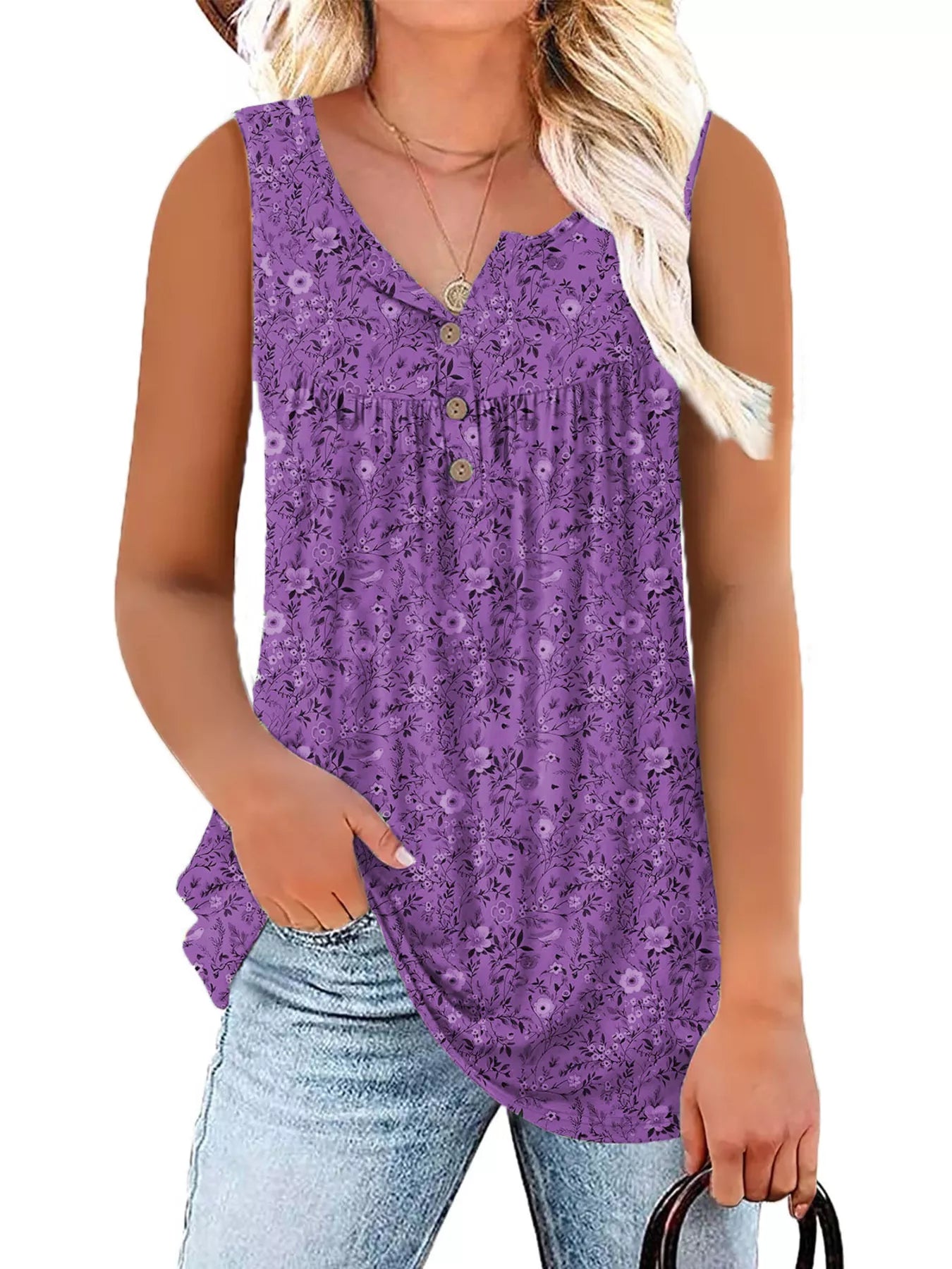 Purple floral print button-detail tank top, front view with button placket