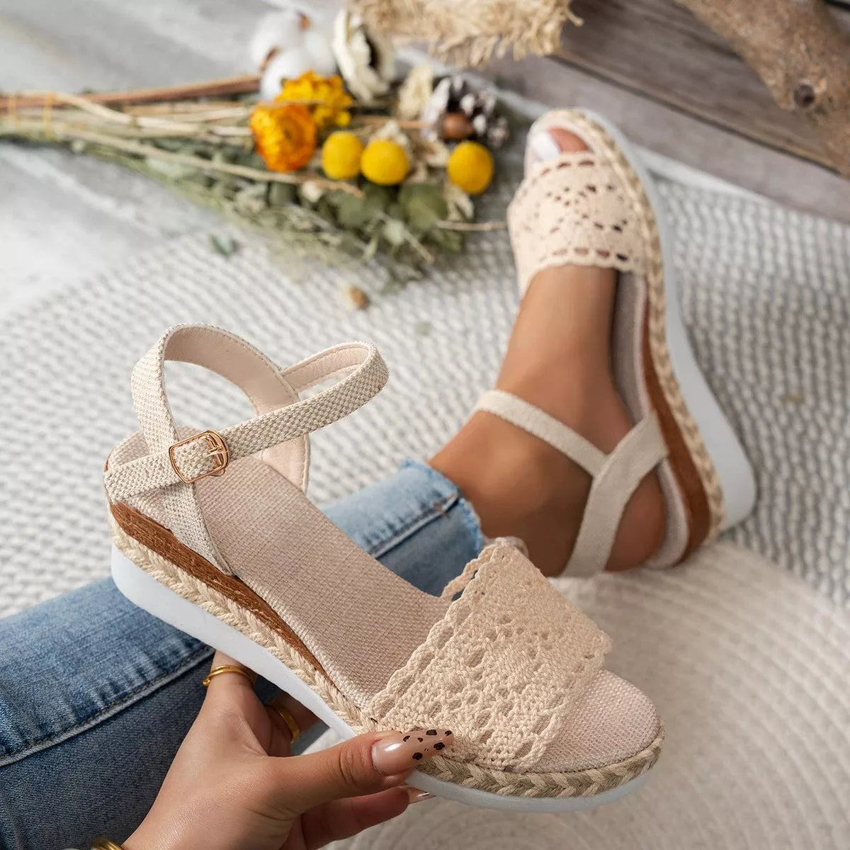 Beige crochet espadrille platform sandals with ankle strap and peep-toe