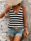 Striped V-neck tank top in black and white knit, sleeveless with V-neck