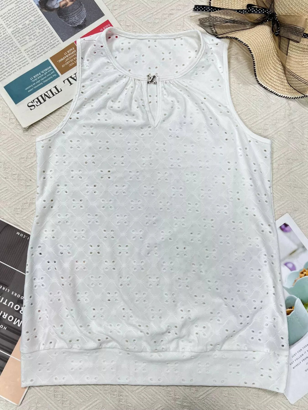 White eyelet round-neck cami top, sleeveless, allover dot embroidery texture