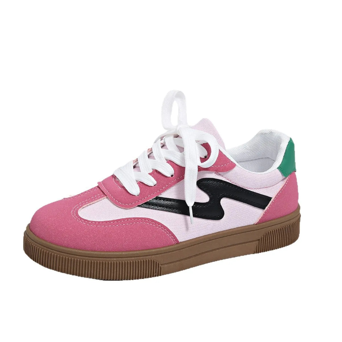 Pink and white lace-up sneakers with black detail, green heel accent, and brown gum sole