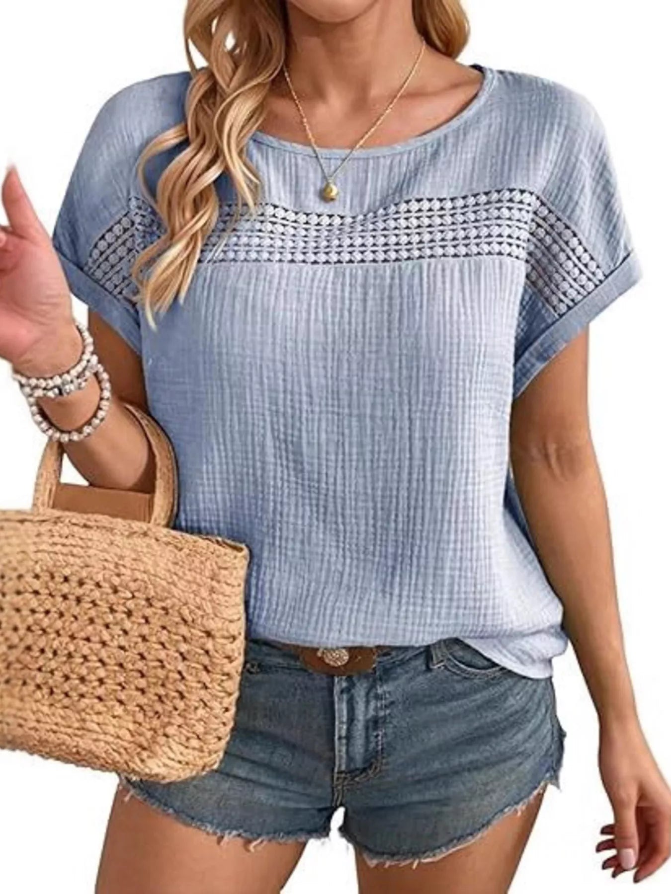 Light blue lace-trimmed short-sleeve blouse with patterned yoke panel, scoop neck