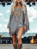 Grey long sleeve mini dress with fringe hem and colorful central embroidery