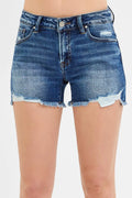 Dark denim low-rise shorts with button fly, front pockets, frayed hem, distressed wash
