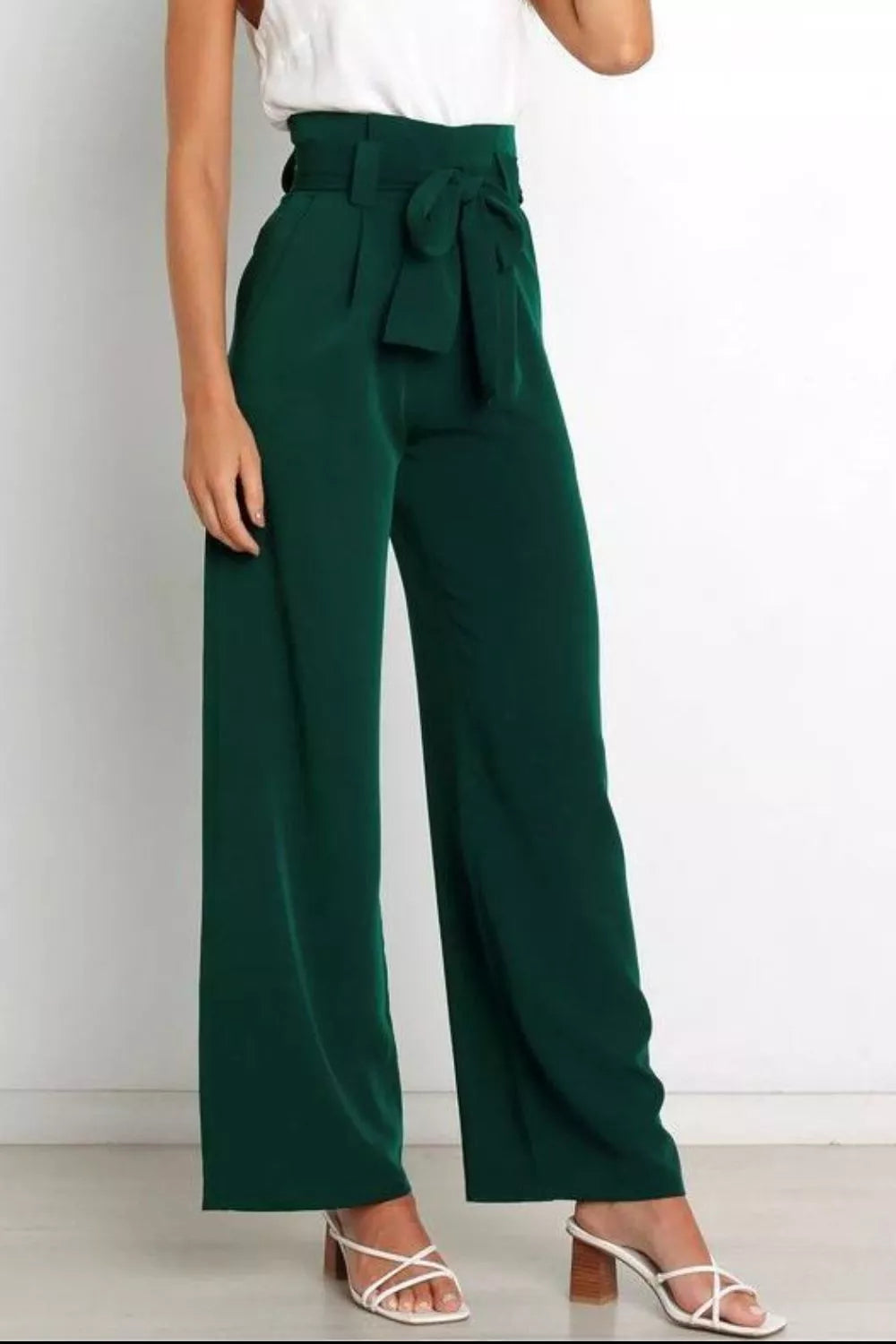 High waist tie-front wide-leg pants in dark green with front bow