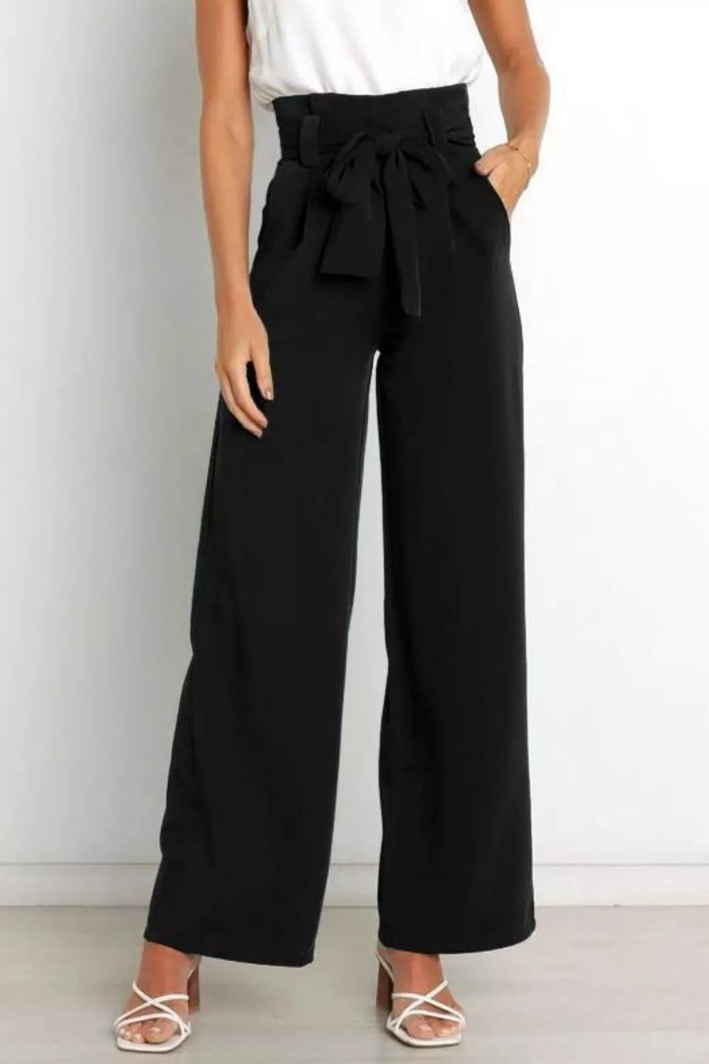 High waist tie-front wide-leg pants in black with front bow