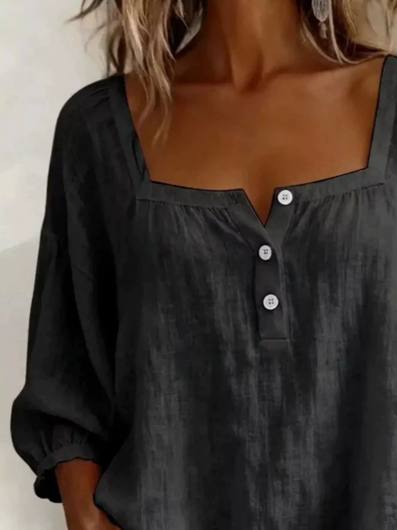 Plus-size black square-neck blouse with three-button front and gathered neckline