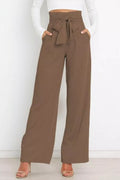 High waist tie-front wide-leg pants in khaki with front bow