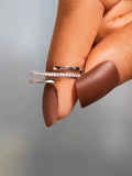 Silver zircon inlay ring with two stacked bands and open rectangular cutouts