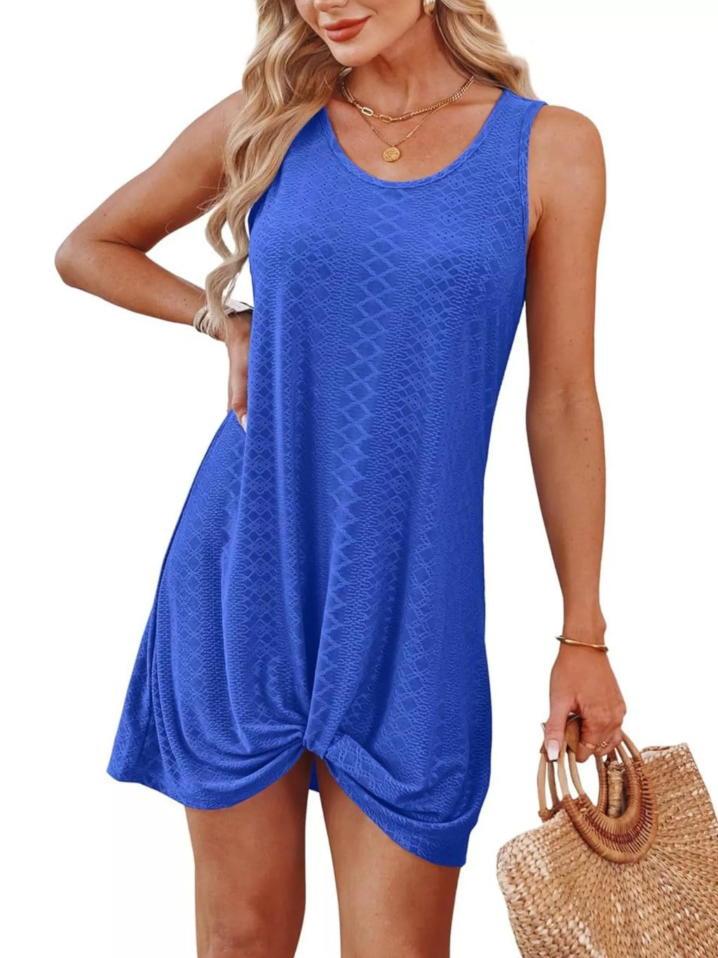 Blue sleeveless tank dress with knotted hem, draped waist, textured pattern