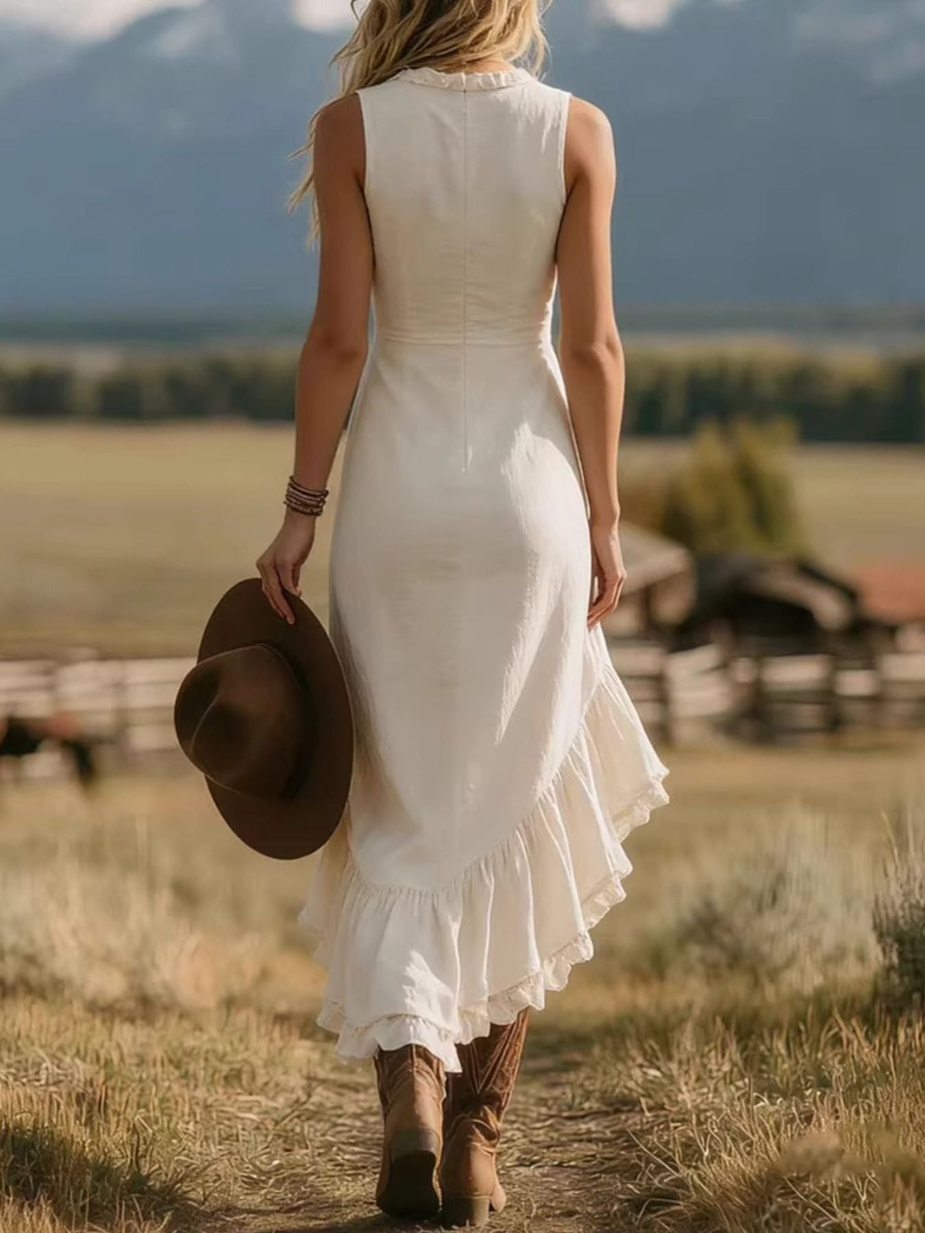 Ivory sleeveless dress with back yoke and asymmetrical ruffled hem