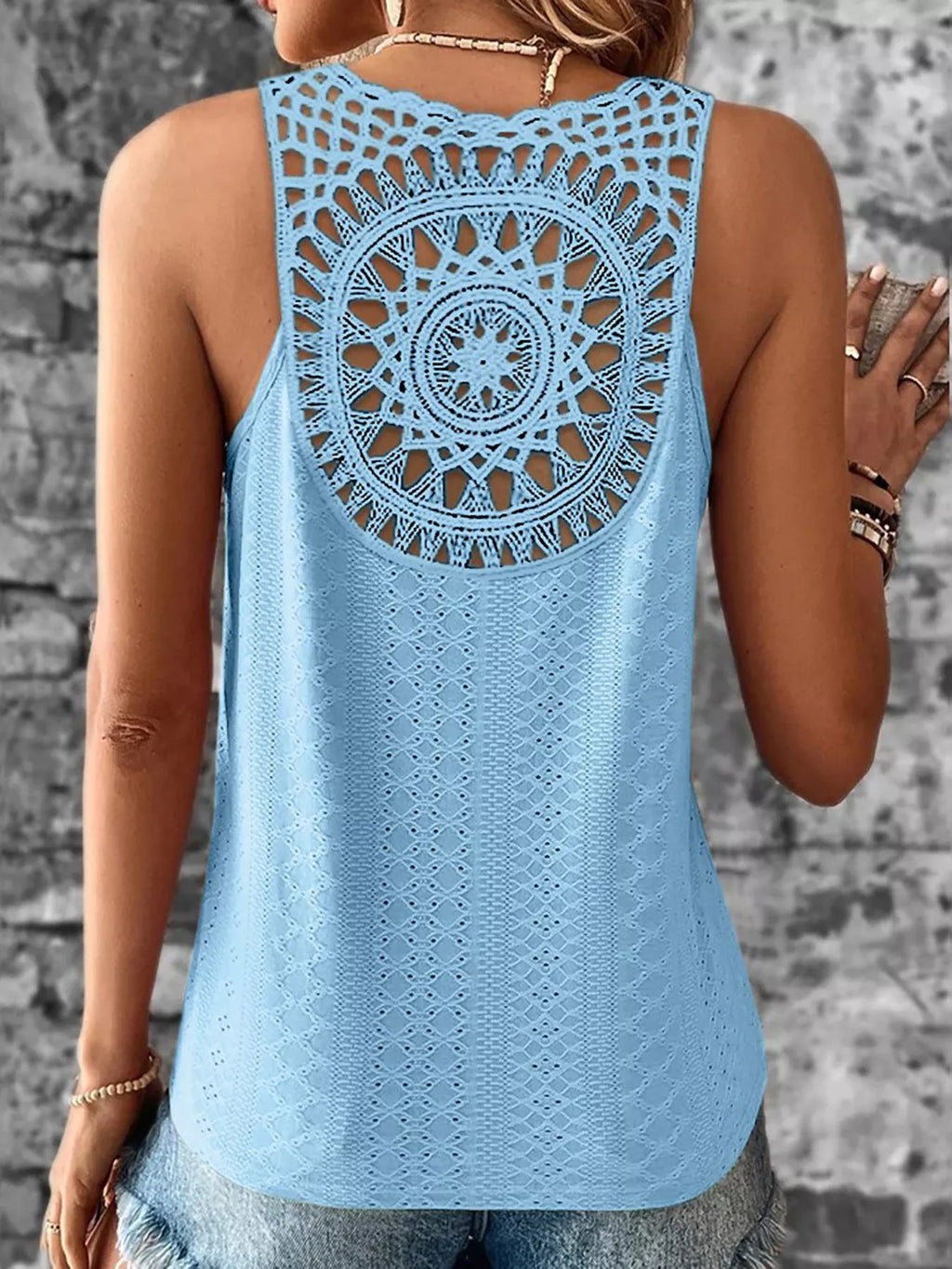 Sky blue eyelet lace V-neck tank top with circular cutwork back yoke