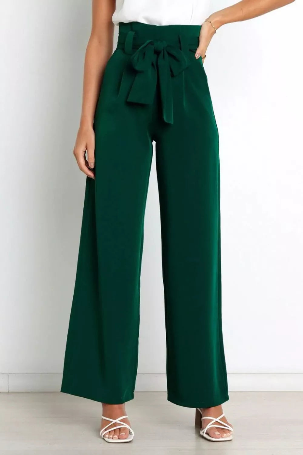 High waist tie-front wide-leg pants in dark green with front bow