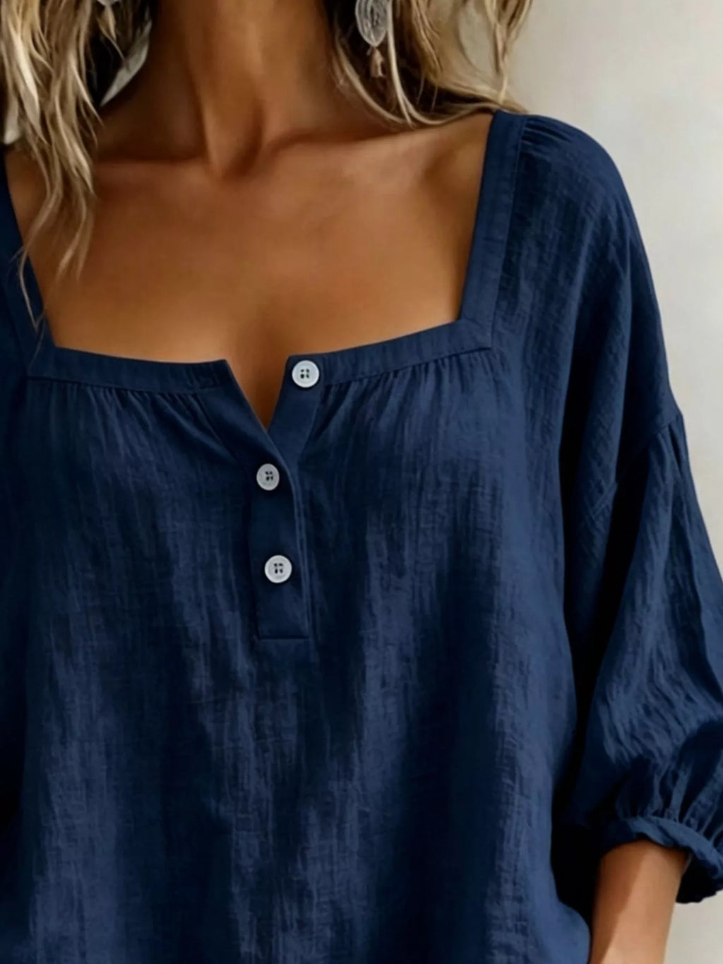 Plus-size navy blue square-neck blouse with center button placket and gathered yoke