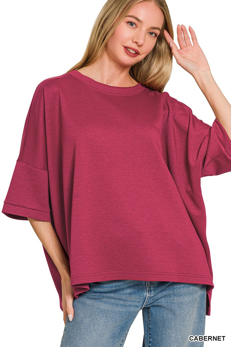 Plus size cabernet red scuba knit top, round neck, short sleeves, side slits