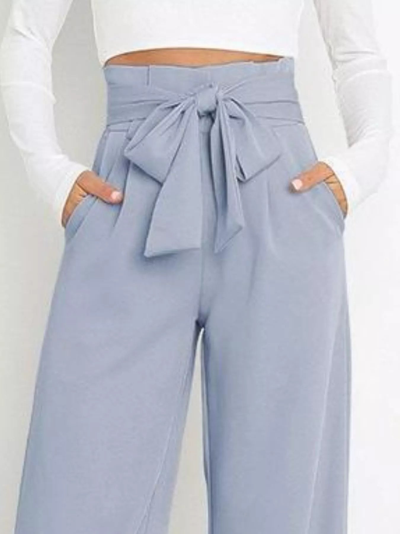 High-waist wide-leg pants with tied waistband, sky blue