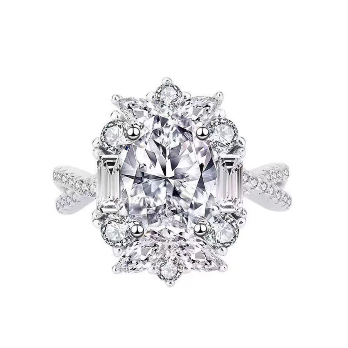 Front view of sterling silver moissanite halo ring with cluster of stones
