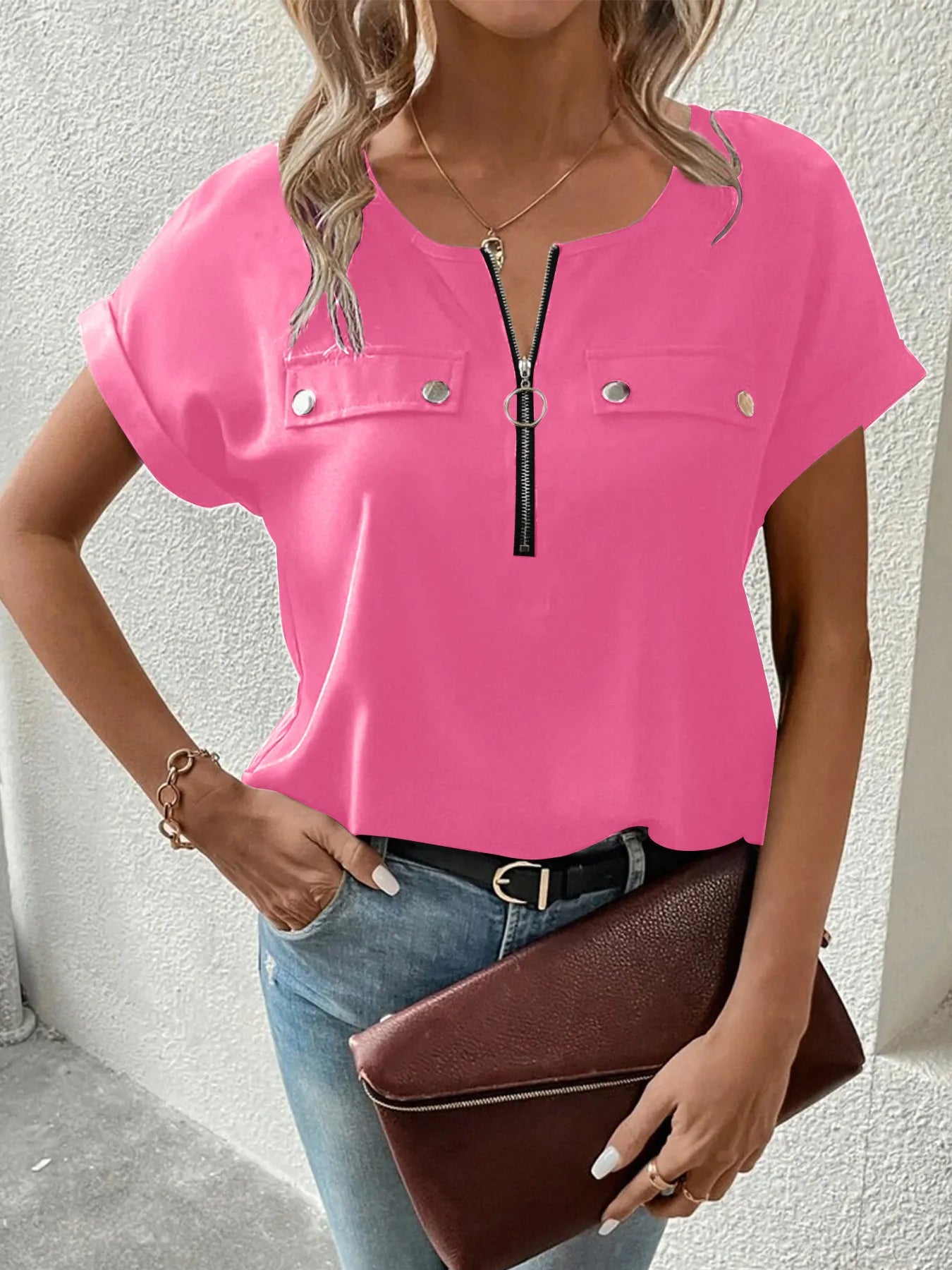 Bright pink zipper front short-sleeve blouse with chest snap buttons