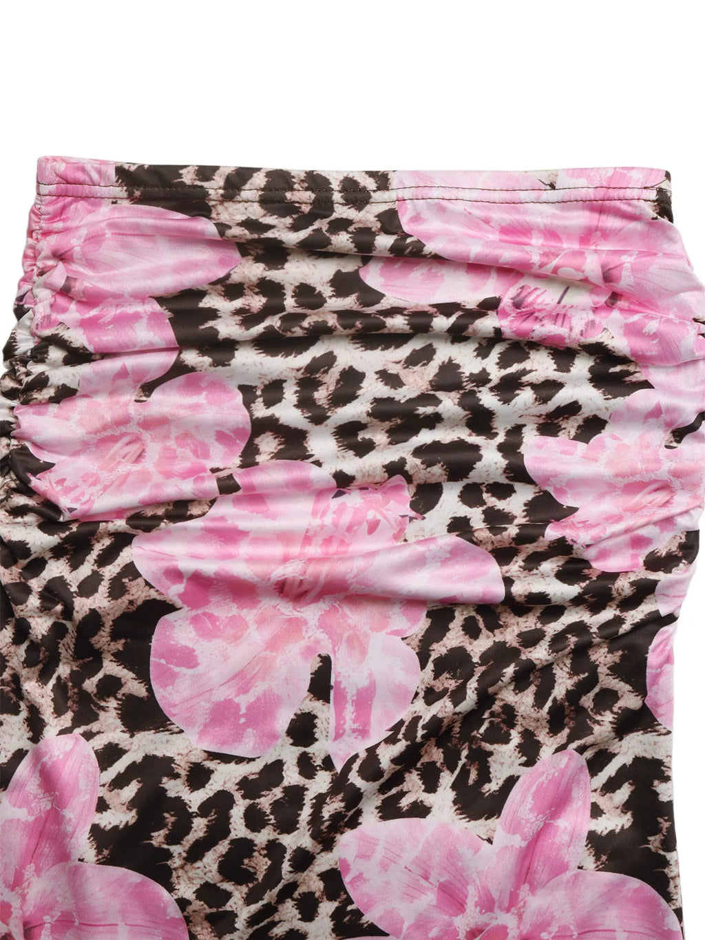 High-waist waistband close-up on pink leopard floral maxi skirt, gathered fabric