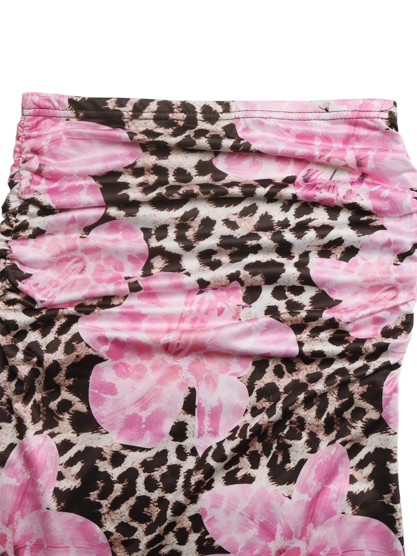 High-waist waistband close-up on pink leopard floral maxi skirt, gathered fabric