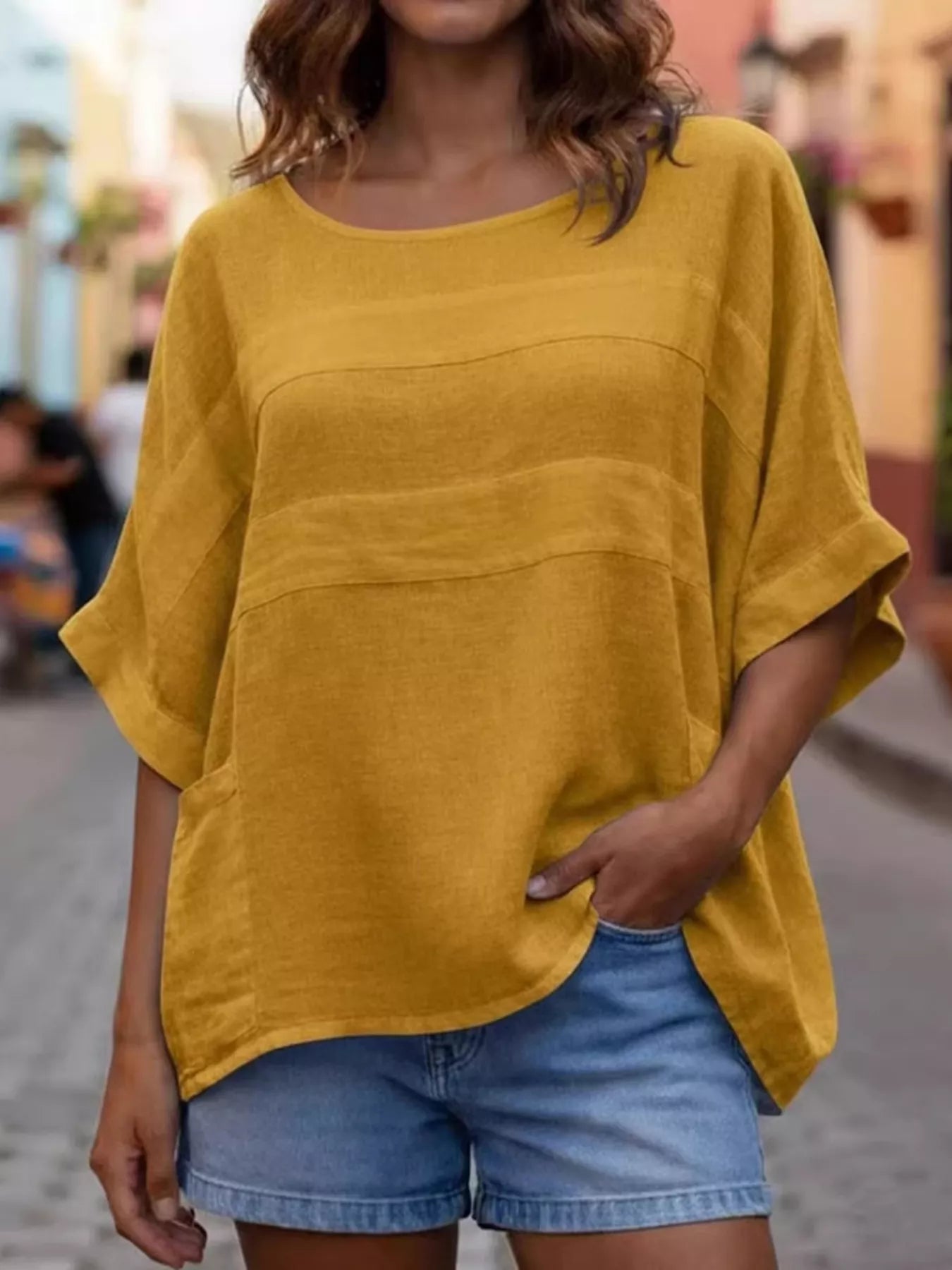Plus size casual loose blouse, round neck, short batwing sleeves, yellow