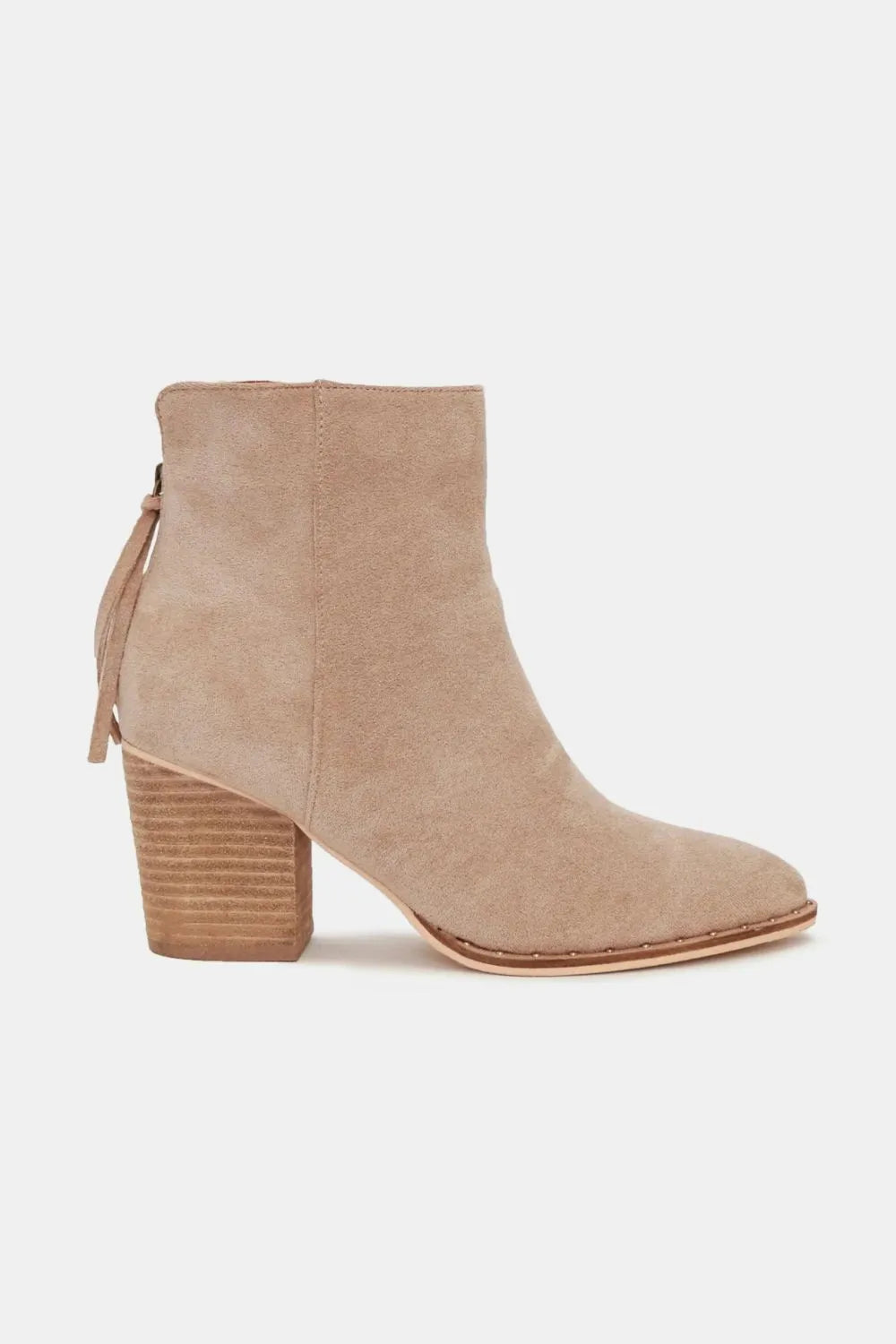 Taupe suede ankle booties, block heel and tassel side detail