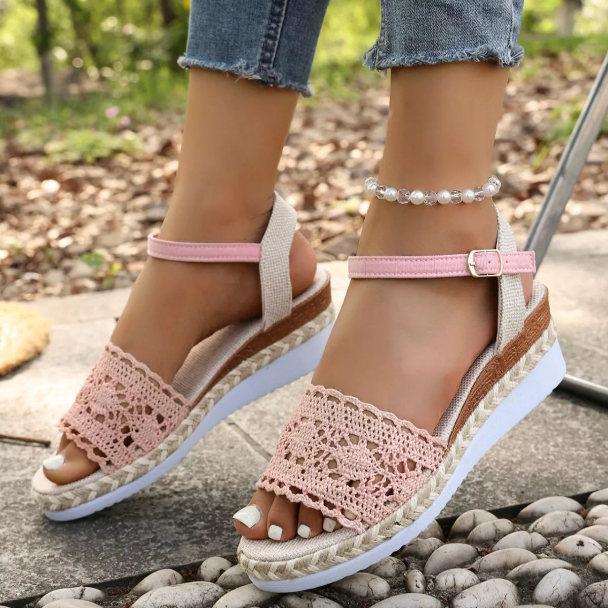 Pink crochet espadrille platform sandals with ankle buckle and open toe