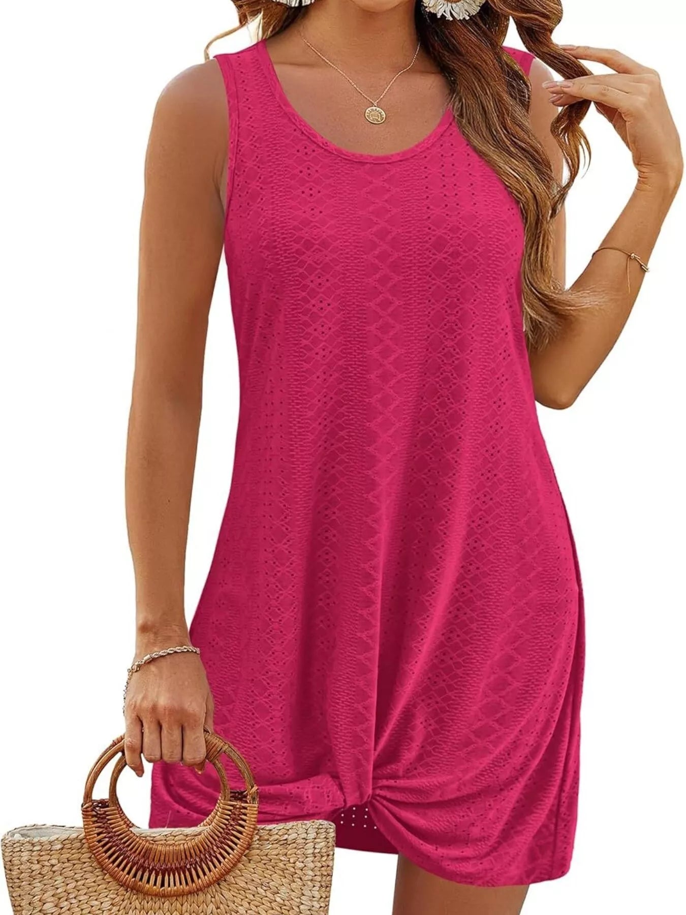 Knotted hem tank dress, sleeveless fuchsia/pink solid jersey knit