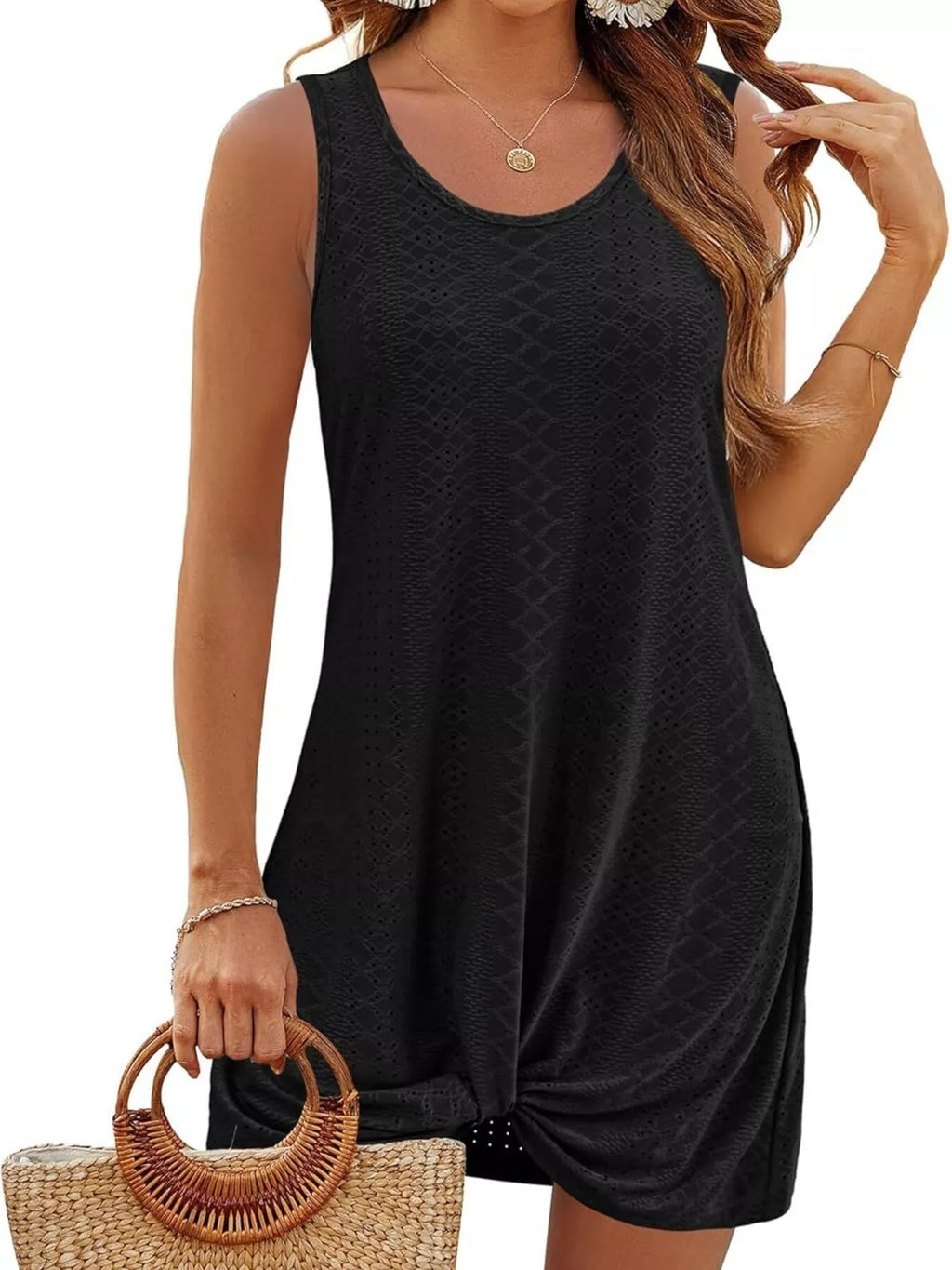 Black sleeveless tank dress with knotted front hem and textured lattice pattern