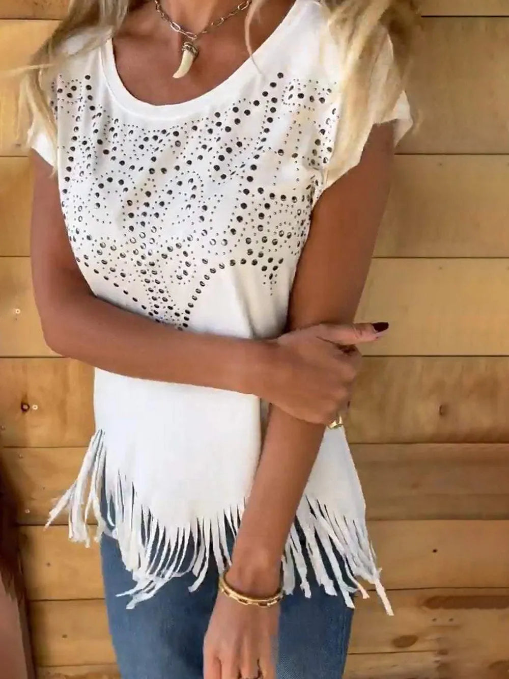 White cap-sleeve tee with rhinestone-studded heart and fringe along the bottom hem