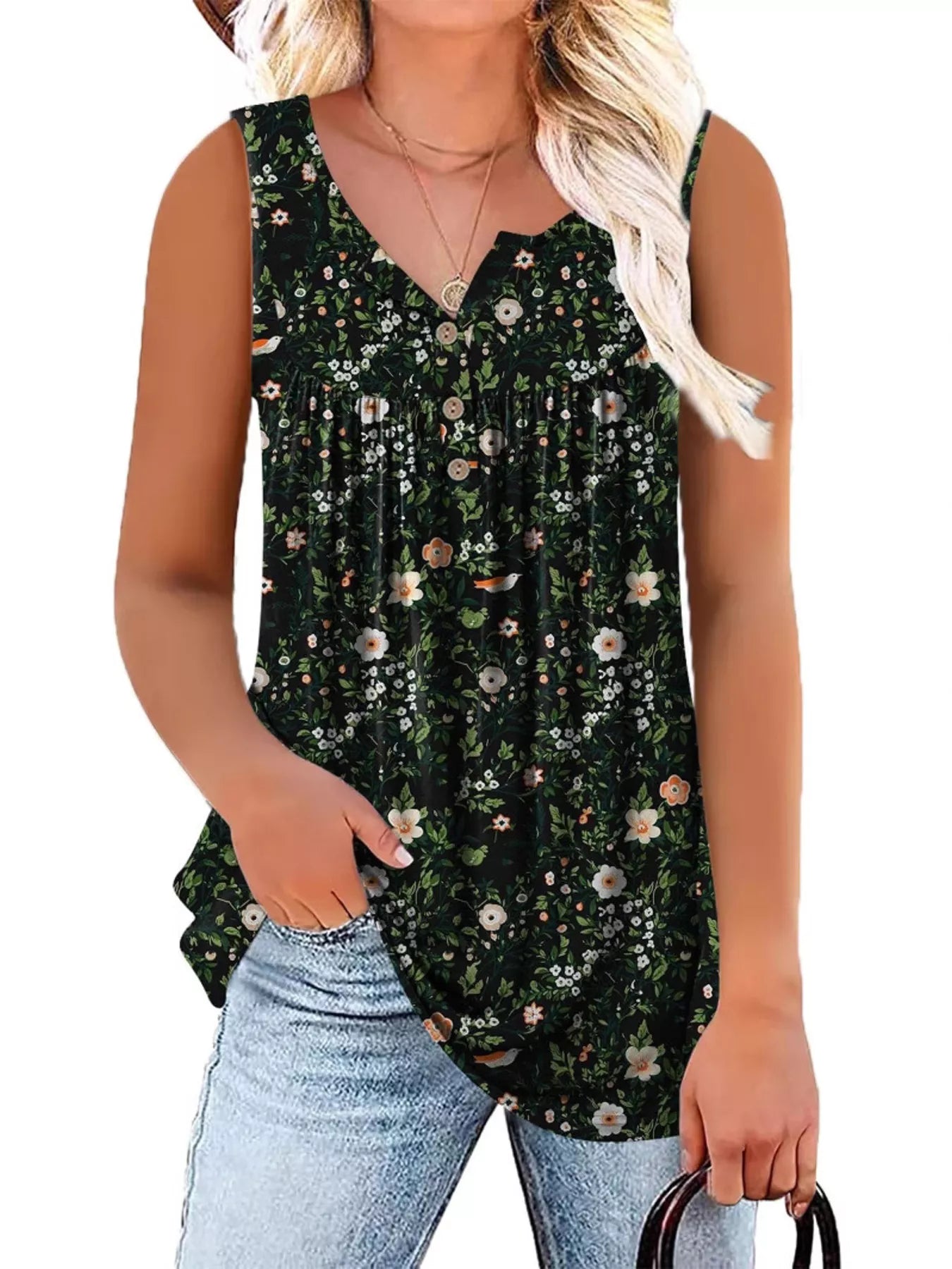 Black floral print button-detail tank top, V-neck with button placket