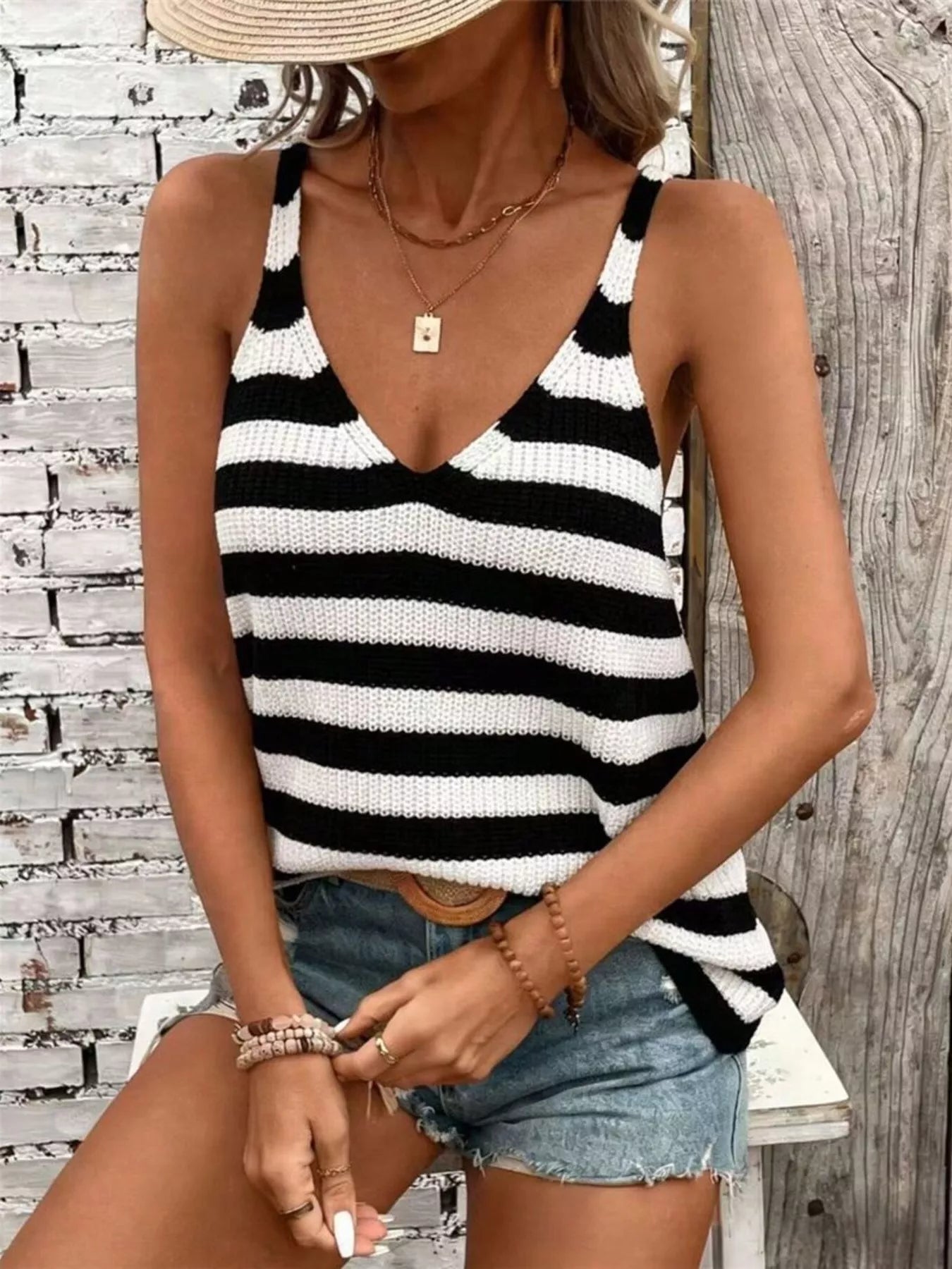 Striped V-neck tank top, black and white horizontal knit stripes, sleeveless