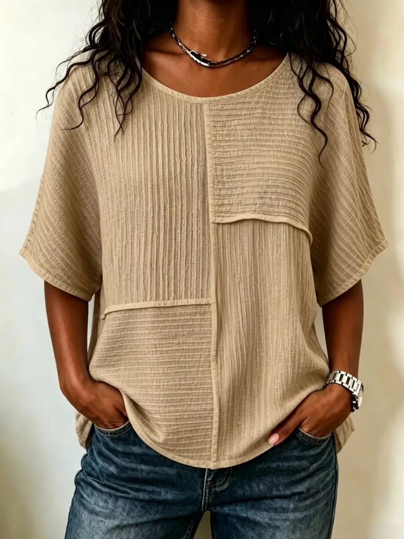 Khaki textured round-neck half-sleeve blouse with vertical seam panel detail