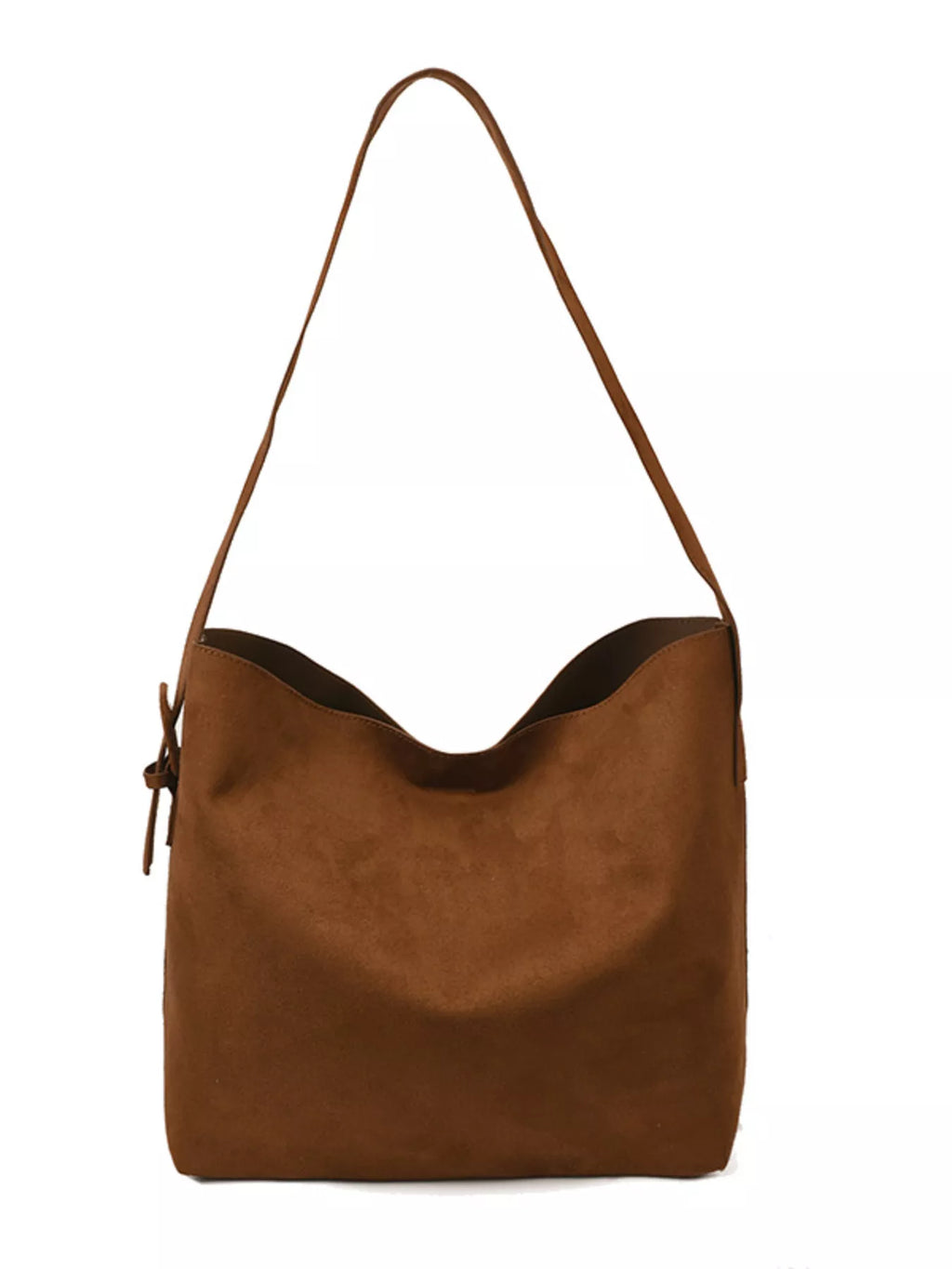 Brown suede-look tote bag with long adjustable strap and buckle closure