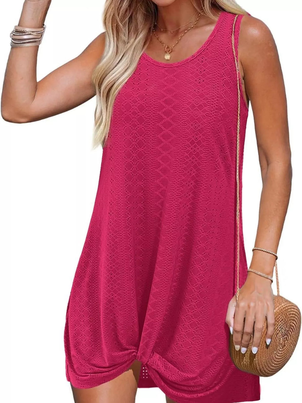 Fuchsia sleeveless tank dress with textured knit, knotted drape hem and scoop neckline