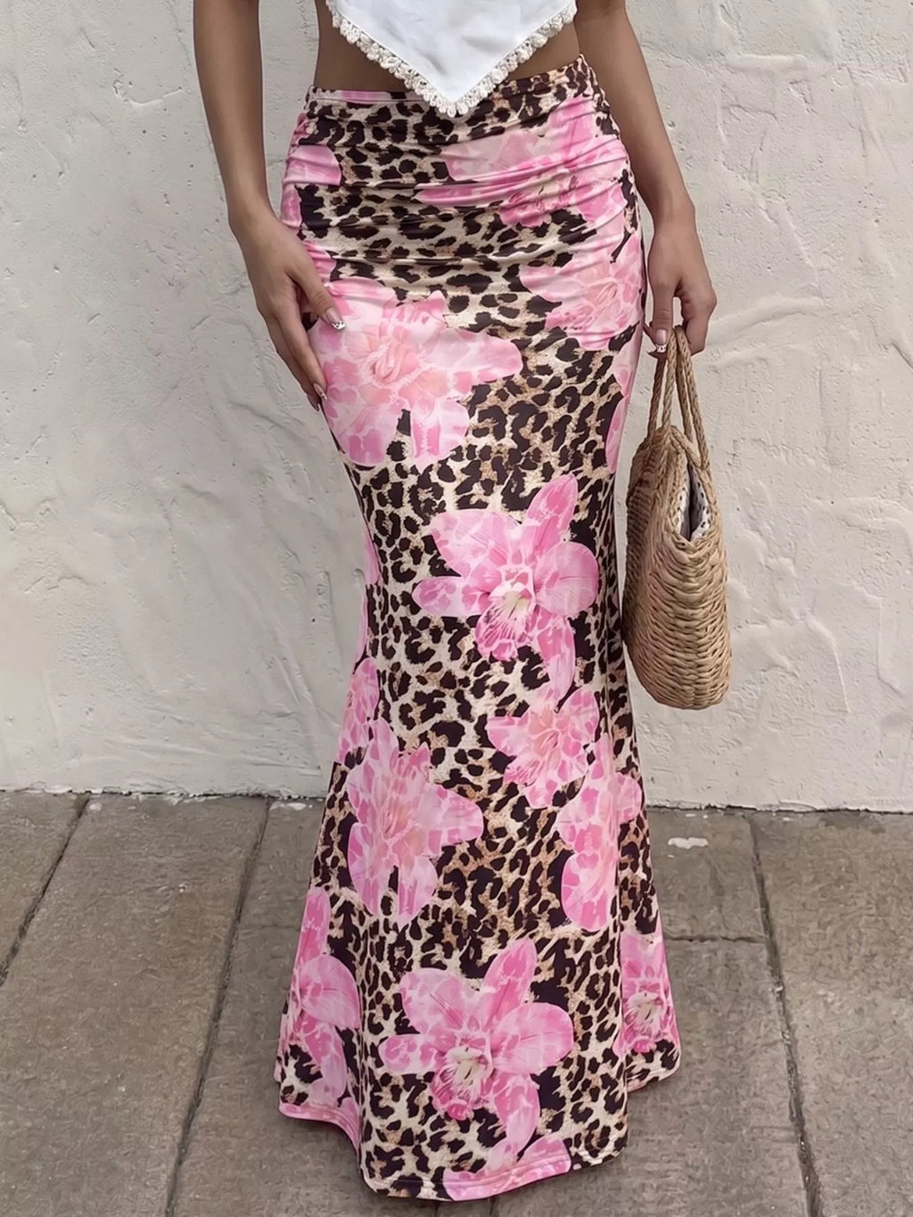 Blush pink leopard print maxi bodycon skirt with scattered pink flowers