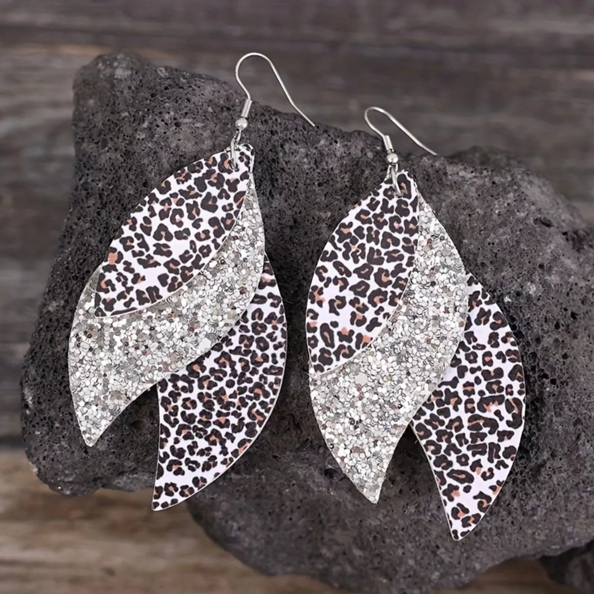 Silver-tone leopard print leaf drop earrings with glitter teardrop accents and hooks