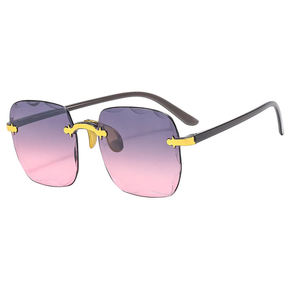 Square gradient sunglasses, purple-to-pink gradient lenses, gold accents, dark frame