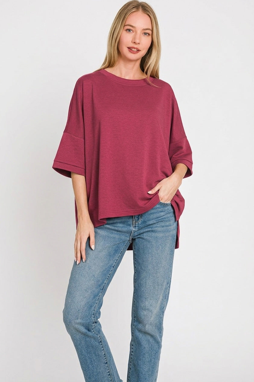 Plus size cabernet red round-neck scuba knit top with short sleeves