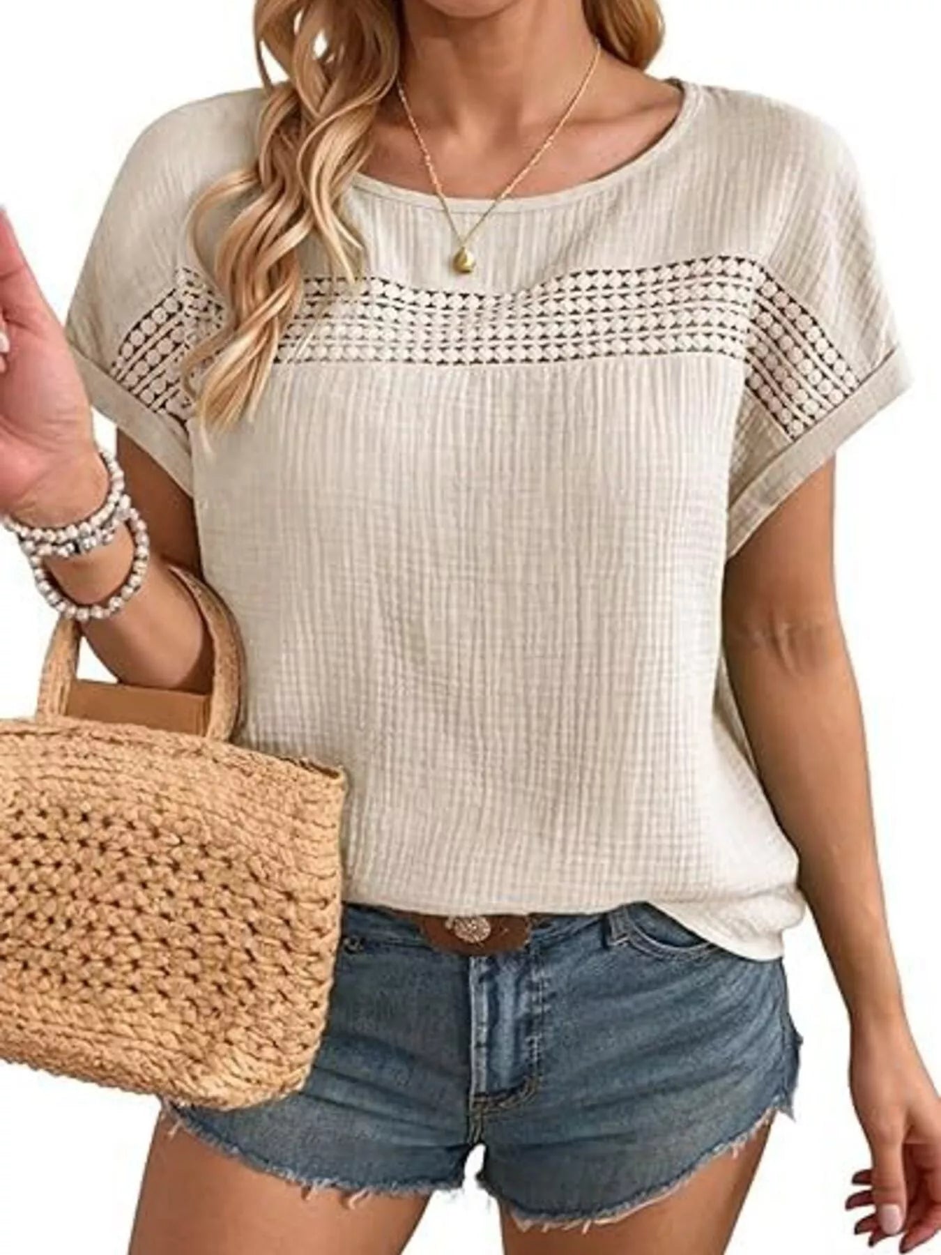Tan lace-trimmed short-sleeve blouse with crochet-style chest panel, scoop neck