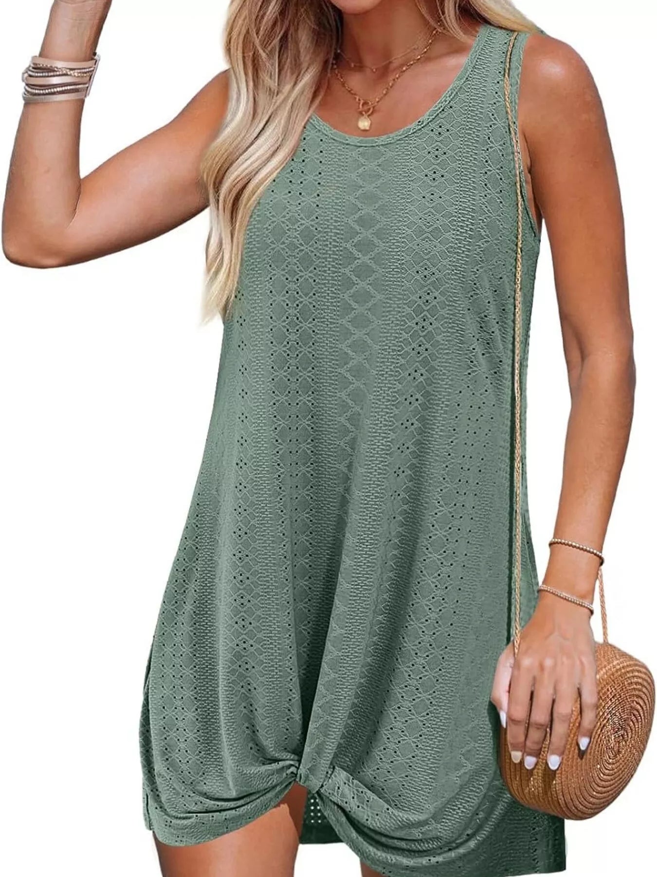 Teal sleeveless tank dress, textured knit with knotted drape hem and scoop neck
