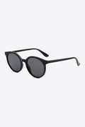 Black round full-rim sunglasses with dark lenses and curved temple arms