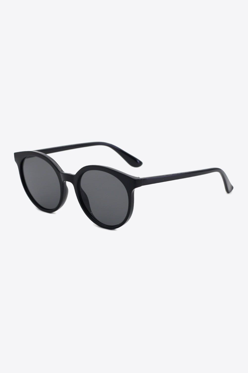 Black round full-rim sunglasses with dark lenses and curved temple arms