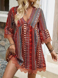 Rust printed V-neck lace-trim 3/4 sleeve dress with lace hem